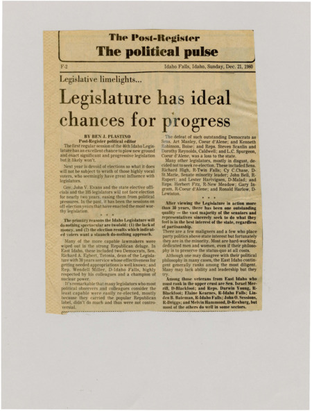 A newspaper article detailing the historical precedent of fruitful sessions when no one is running for reelection. Plastino comments that he earnestly believes that the legislators genuinely do what they believe is right for the state.