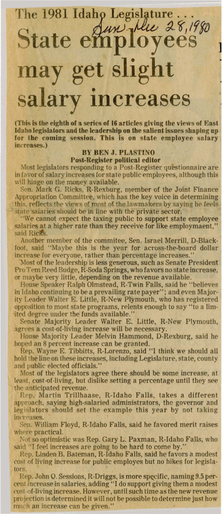 A newspaper article discussing a questionnaire where Idaho legislators answered if they support salary increases and if so how much. The consensus is a modest increase to account for cost of living adjustments.