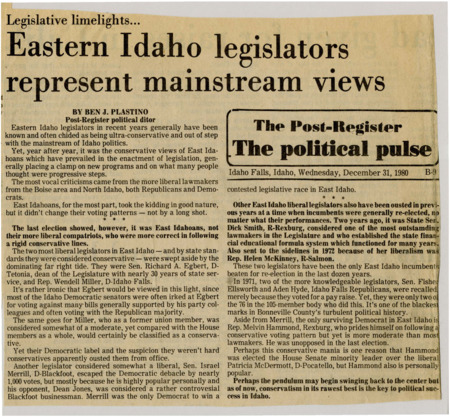 A newspaper article detailing the political success of conservative ideology as evidenced in Eastern Idaho legislators.