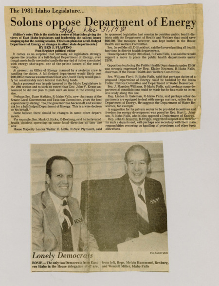 A newspaper article discussing Eastern Idahoan legislators views on the creation of a Idaho department of Energy. All legislators said it was costly and ultimately unecessary. Image labeled "Lonely Democrats."
