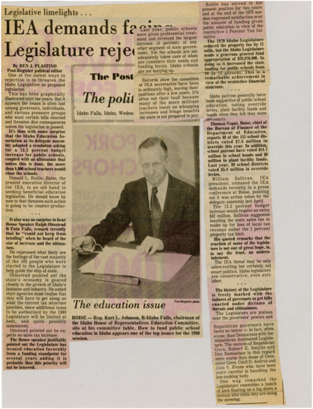 A newspaper article detailing legislator responses and actions to the IEA adopting a resolution asking for a 13.2 percent budget increase for public schools along with an ultimatum that if this is not done that more than 8,000 teachers would close the schools. The article also discusses Idaho public school funding in the past few years. Image labeled "The education issue."