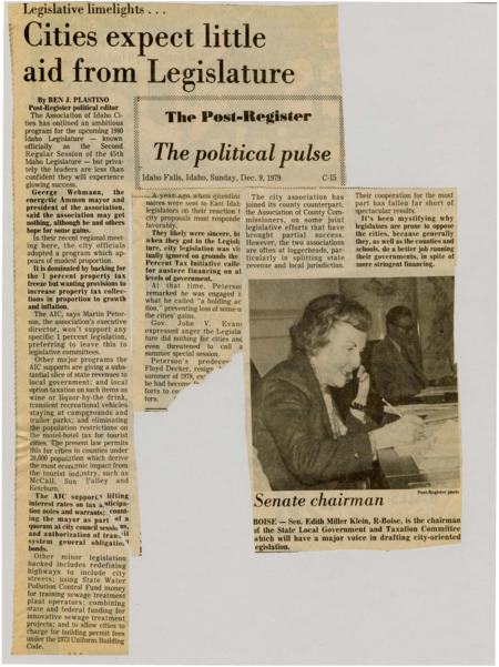 A newspaper article detailing Association of Idaho cities pessimistic outlook on the legislature granting aid to financially strained cities. Plastino is mystified why the legislature trusts cities less when they are usually much more fiscally responsible than even the legislature. Image labeled  "Senate chairman."
