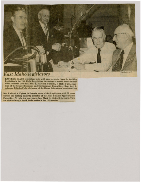 A newspaper article listing the legislators who will have a major hand in drafting legislation in the 1980 Idaho Legislature in a month. Image labeled "East Idaho legislators."