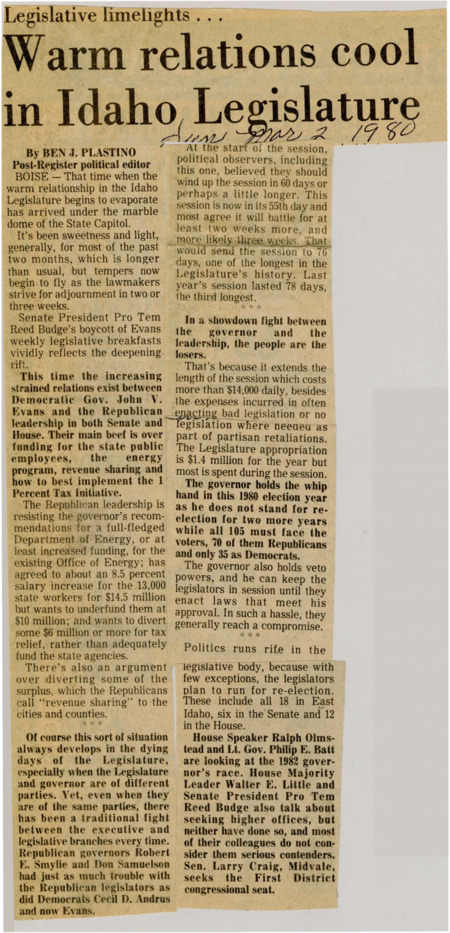 A newspaper article detailing the souring relations between the governor and republican leadership. They are fighting over public employee salaries and local options, as well as implementation of the 1% initiative.
