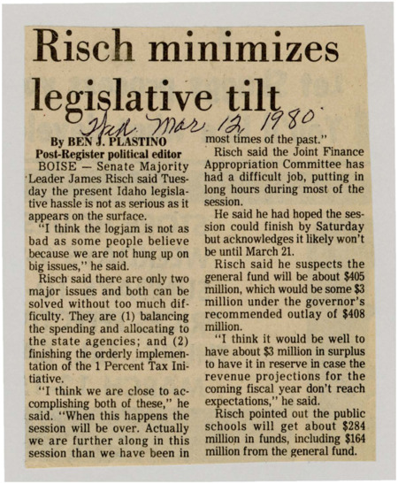 A newspaper article detailing Sen. James Risch's reassurances that the legislature is not as gridlocked as some people believe. He says that the state agency allocation and 1% initiative implementation are the only two big issues and there isnt too much disagreement on either.