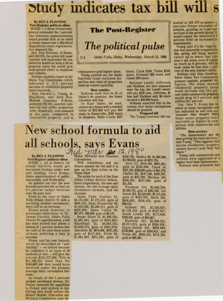 A newspaper article detailing the lack of relief for property owners from the 1% initiative. A study found that the majority of the tax relief was felt in utility and commercial properties.