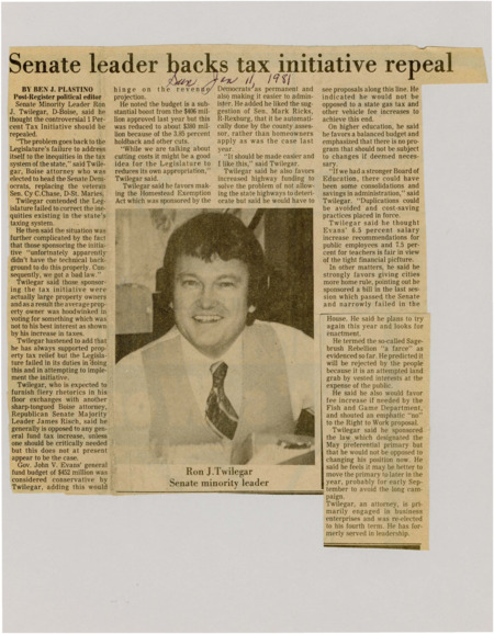 A newspaper article detailing Sen. Ron J. Twilegars belief that the 1% initiative should be repealed. Twilegar says that average property owner was duped by large property owners and that the homestead act is a better tool for tax relief. Image labeled "Ron J. Twilegar, Senate minority leader."
