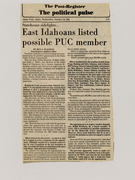 A newspaper article discussing potential appointees to the Idaho Public Utilities Commission (IPUC). Governor John V. Evans is described as likely wanting an East Idahoan on the board. Several candidates and their qualifications are listed.