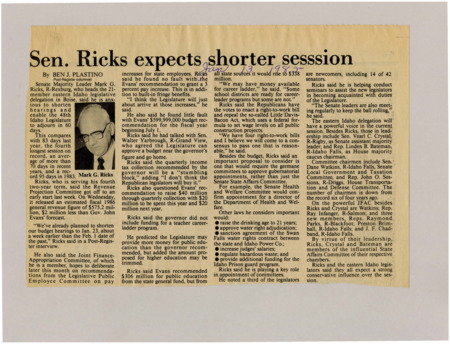 A newspaper article in which Senate Majority Leader and members of the JFAC discuss the Idaho budget and his expectation that the legislative session will end quicker than in previous years. Topics that the legislature still needs to cover include state employee pay, school funding, right to work, Little Davis-Bacon Act, drinking age, water right acts, regulation of hazardous wastes and additional funding for Idaho prisons. Image labeled "Mark G. Ricks"