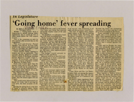 A newspaper article discussing the length of the 1985 Idaho legislative session. Several members such as Walter E. Little give their opinions on when they think the session will end. Key issues that still need resolved include school funding, the Department of Commerce Bill, water rights, the Clean Air Act, and a 21 year old drinking bill.