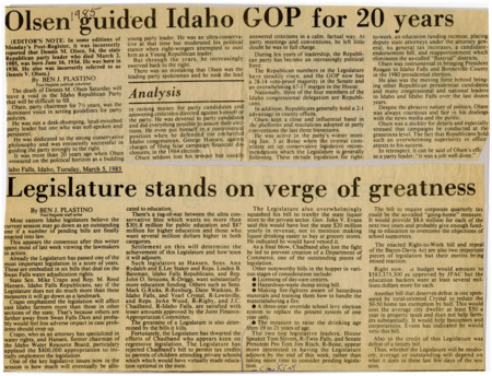 A newspaper article memorializing party chairman Dennis M. Olsen shortly after his death. The current success of Republicans in the Senate and House is greatly contributed to Olsen. Particularly noteworthy was Olsen's support of George V. Hansen when Hansen was facing possible fraud charges. Olsen is further commended for being "courteous and fair."