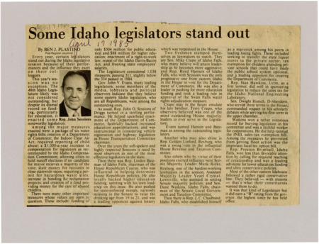 A newspaper article discussing major legislation passed in the 1985 Legislator and some stand-out participants. John O. Sessions, Lindon Bateman, Mike Crapo, Reed Hansen, Golden Linford, Mark Ricks, Vearl Crystal, and Dane Watkins are noted as particularly exceptional. Image labeled "Rep. John Sessions."