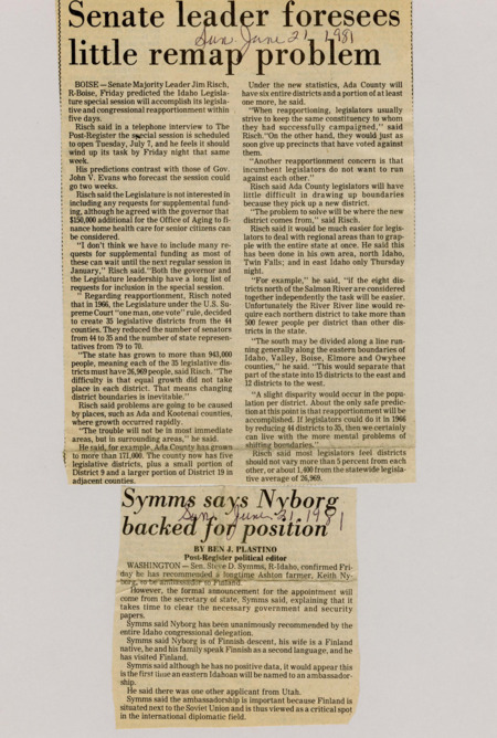 A newspaper article detailing Sen. Symms pick for ambassador to Finland. A farmer named Keith Nymborg from Ashton Idaho who has extensive ties to finland.