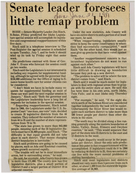 A newspaper article detailing Sen. James Risch's predictions that reapportionment won't be easy. He discusses how the growth was concentrated in Ada and Kootenai county most likely shifting congressional districts to account for the new population. Risch also discusses budget goals.