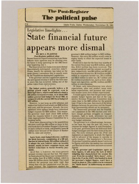 A newspaper article detailing the extremely bare budget outlook for the 1983 fiscal year. The federal benefit and tax cuts are mainly to blame for the budget situation, Plastino makes light of the situation making fun of the JFAC's penny pinching nature being outdone.