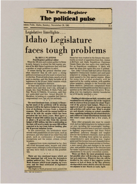 A newspaper article detailing the myriad of budget problems the legislature will be facing in the 1982 session, discussing the 1983 fiscal budget. Plastino describes it as one of the tightest budgets in years and will surely cause some hard conversations pertaining to the budget.