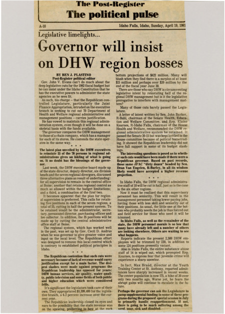 A newspaper article detailing the fight between Governor Evans and the Republican legislature about the cutting of Department of health and welfare management staff. The DHW has rehired nearly half of the management originally cut by the legislature under Governor Evans bare bones management program.