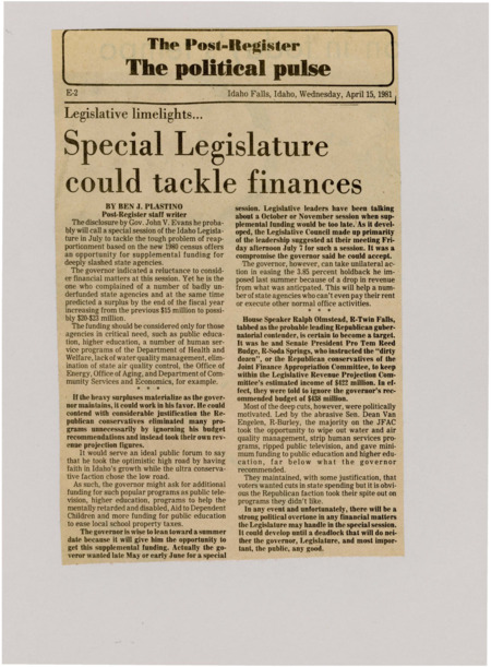A newspaper article detailing Governor John Evans effort to call a special session in the summer of 1981 after the census and give supplemental funding to state agencies. Evans also hopes reapportionment can be solved during this time as well.