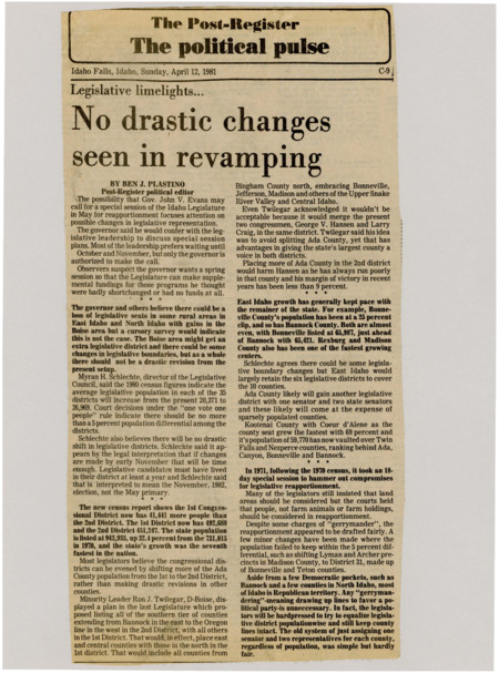 A newspaper article detailing Idaho's population growth since the 1970 census with massive increases in the Boise area. Governor Evans because of this is weighing when to call the special session for either summer when he wants or the winter when the legislative wants.