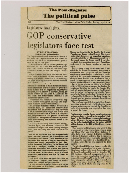 A newspaper article detailing the Idaho GOP coming to a juncture in their conservative budgeting. Plastino notes that if the budget is poor in the 1982 fiscal year the GOPs predictions will have been right and it reflects well on them. However if there is a surplus as Governor Evans estimates than the GOPs stringent cuts will look overkill.