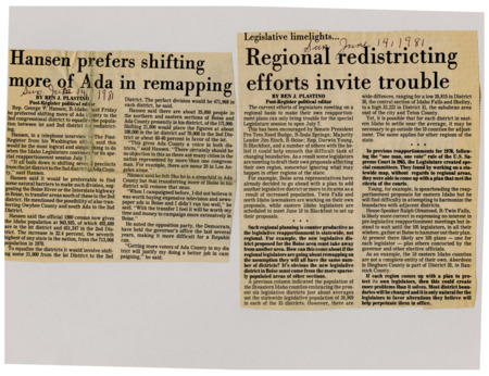 A newspaper article detailing Rep. George Hansen's proposal to split Ada county in congressional redistricting. Hansen specifically wants to push 21,000 residents into the second district to make both districts equal. Hansen says this push would also force him to campaign more to the Boise demographic giving them power in both districts.