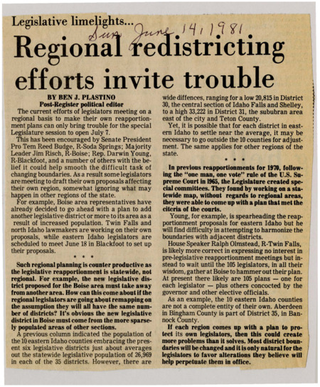 A newspaper article criticizing the legislatures approach to legislative redistricting. The current method is to have members redesign their own regions of the state however Plastino points out that redistricting is a statewide venture and with Boise gaining a seat it's only going to cause more trouble to divide up the redrawing.