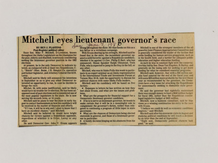 A newspaper article discusses Sen. Mike P. Mitchell's possible candidacy for Lt. Gov in the 1982 election. A profile of his background as a state senator. As well as the things that would have to happen for him to announce his candidacy.