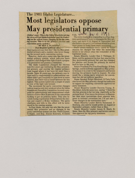 A newspaper article detailing the views of East Idaho legislators on whether to move the presidential primary from May. The vast majority of legislators supported moving the primary from May back to August.