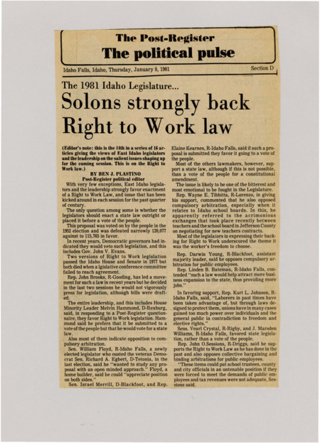 A newspaper article detailing the widespread support of Right to Work among East Idaho legislators.