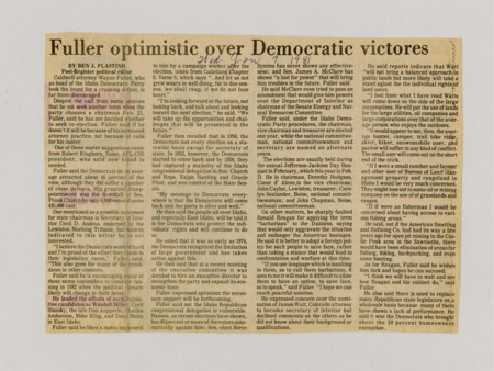 A newspaper article discussing head of the Idaho Democratic party Wayne Fuller. Fuller reassured democrats that they hold a significant amount of the electorate and that worst defeats have happened before in the 1950s and they came back.