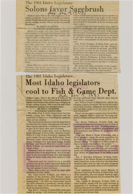 A newspaper article detailing the views of East Idahoan legislators on the sagebrush rebellion. Most legislators agreed with the proposal but with caveats, several legislators expressed their fears that public recreation land would be sold and gated off.