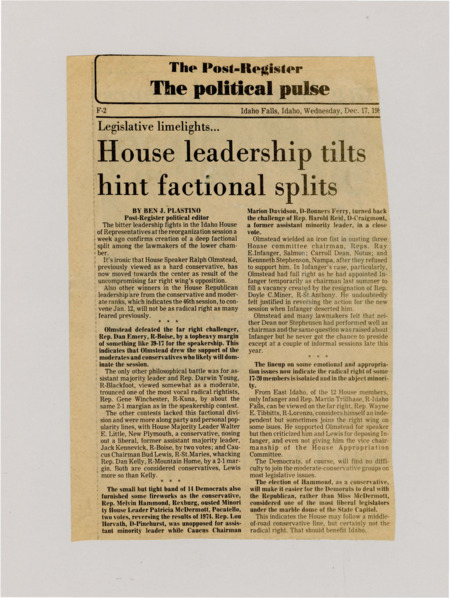 A newspaper article detailing factional splits in the Republican party as several senators moved center as a result of the far rights uncompromising bid for control of the chamber. Olmstead once considered far right now moderate candidate kept his speaker seat and immediately demoted several far right committee chairman as punishment.