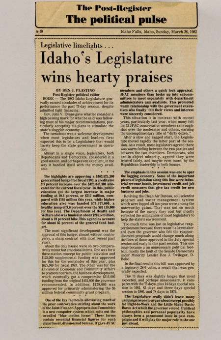 A newspaper article documenting the productive 1982 session, hammering out an amicable budget during a slim year for revenue. As well as computerized systems to help JFAC with the budget leading to a pleasant senate atmosphere.