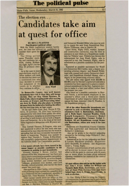 A newspaper article detailing the several primary races in eastern Idaho due to a handful of legislators retiring. There's profiles on several of the candidates backgrounds. Image labeled "Jerry Woolf."