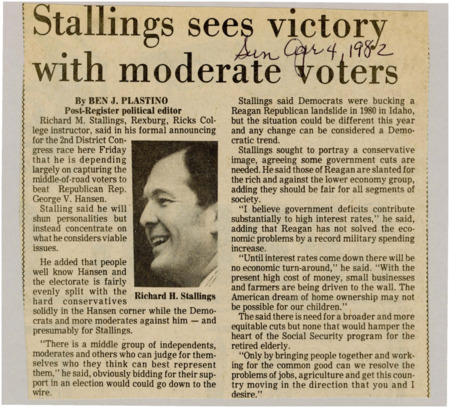 A newspaper article discussing Richard M. Stallings' strategy for getting voters. Stallings is trying to appeal to independents and moderates versus George V. Hansen who appeals to Republicans. He calls for spending cuts but not ones or ones significant enough to hamper important programs such as social security. Image labeled "Richard H. Stallings."