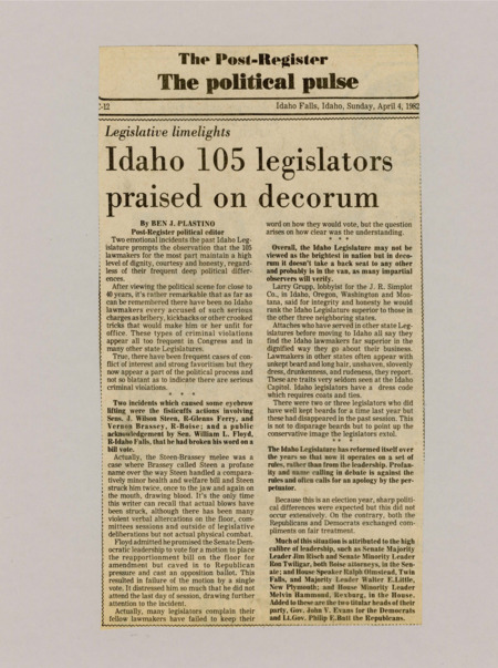 A newspaper article detailing Idaho legislator decorum. Describes a melee between two senators and how the Idaho legislator decorum has improved-to the point of praise.