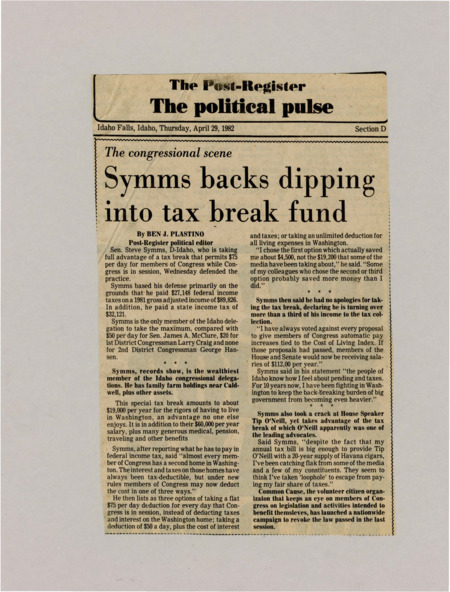 A newspaper article detailing Steve Symms, the wealthiest member of the Idaho congressional delegation, full utilization and defense of his use of a congress tax break.