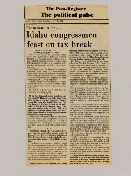 A newspaper article detailing Idaho congressmen and their use of a recent tax provision deemed to be unfair by some during economic hardship. Details the amounts each Idaho delegation member utilized of the tax break and their reasonings/defenses for the amounts.