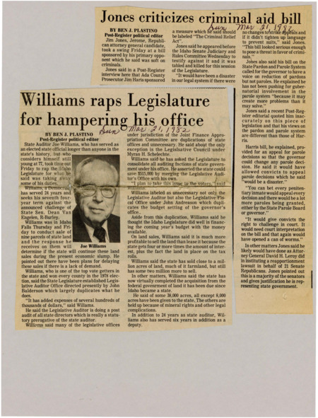 A newspaper article where State Auditor Joe Williams discusses the sale of Idaho land and his thoughts on legislative offices. Joe Williams states how many legislative offices under the Joint Finance Appropriation Committee are duplicates of state offices and unnecessary, but otherwise did well financing the years budget. Image labeled "Joe Williams."