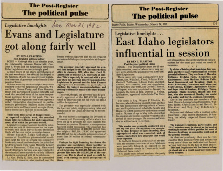 A newspaper article detailing the relationship between John V. Evans the Idaho legislature and the general budget for the year. The relationship is mostly cordial and is aiding in the governmental duties. Points of disagreement were largely; right to work, Idaho Little-Davis Bacon Act, and reapportionment. Evans generally approved of the general budget.
