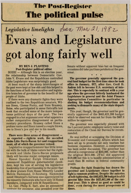 A newspaper article detailing the relationship between John V. Evans the Idaho legislature and the general budget for the year. The relationship is mostly cordial and is aiding in the governmental duties. Points of disagreement were largely; right to work, Idaho Little-Davis Bacon Act, and reapportionment. Evans generally approved of the general budget.