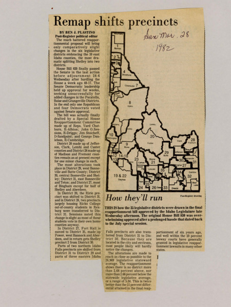 A newspaper article detailing how Idaho's 35 legislative districts were drawn in the final reapportionment bill. The change is said to only make comparatively small changes, mainly in the six legislative embracing the 10 East Idaho counties. Each change to districts is detailed. Map labeled "How they'll run."