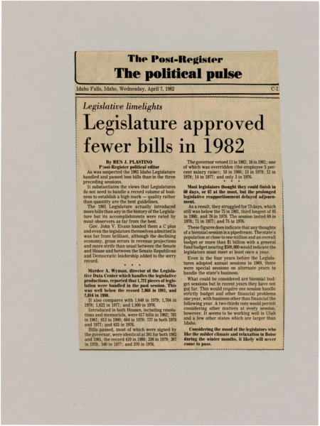A newspaper article detailing the decline in passed legislation in the 1982 session. This was less than the preceding sessions however Plastino does not believe it's indicative of a breakdown rather the introduction of more complex bills.