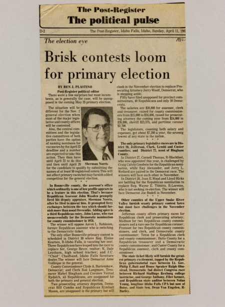 A newspaper article detailing the primary season before the 1982 midterms. The article notes that the majority of incumbents are not facing primary challenges and barring some local races the most anticipated primary is the gubernatorial between Batts and Olmstead. Image labeled "Sherman Norris."