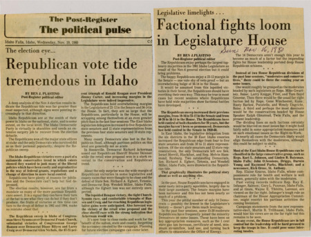 A newspaper article detailing squabbles and factional battles between Republicans in the largely Republican controlled House and Legislator. It is deemed that there may be three dominant groups within- conservatives, moderates, and democrats. Key issues predicted to be squabbled upon include health and welfare decisions, one cent state gas price increase, certificate of need, minimum steamflow, land use, and Office of Energy efforts.