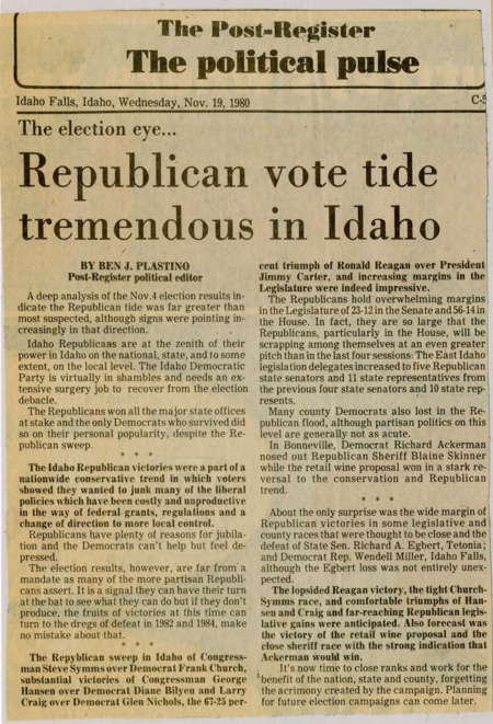 A newspaper article detailing the large Republican sweep for Idaho offices. Details how Republicans hold margins of 23-12 in the Legislator and 56-14 in the House and how the East Idaho legislation delegates increased to five Republican state senators and eleven state representatives from four and ten respectively.