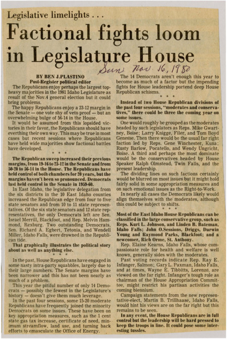 A newspaper article detailing squabbles and factional battles between Republicans in the largely Republican controlled House and Legislator. It is deemed that there may be three dominant groups within- conservatives, moderates, and democrats. Key issues predicted to be squabbled upon include health and welfare decisions, one cent state gas price increase, certificate of need, minimum steamflow, land use, and Office of Energy efforts.