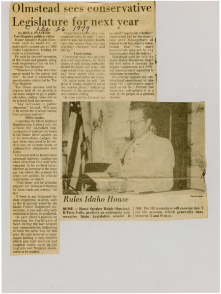 A newspaper article detailing House speaker Ralph Olmstead's views on several issues in Idaho as well as his want for an extremely fiscally conservative legislature next year.  Image labeled "Rules Idaho House."