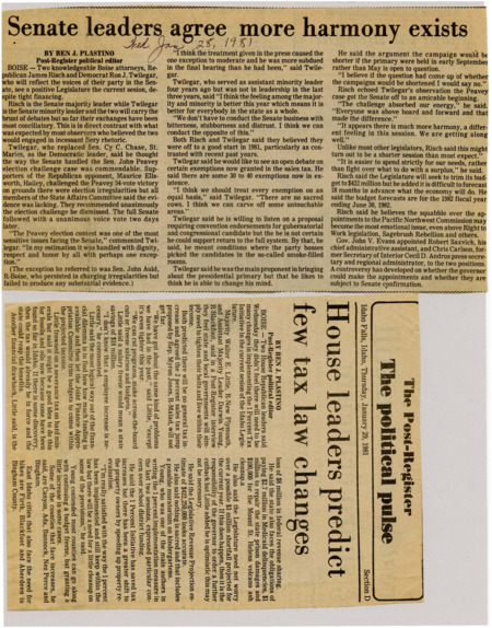A newspaper article detailing that the Idaho senate leaders agree with Plastino that the senate atmosphere has improved tremendously.