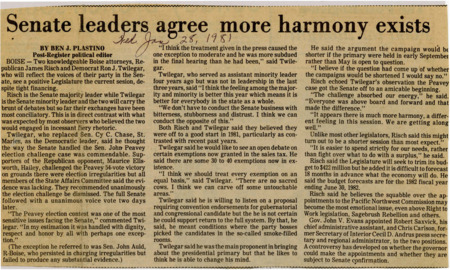 A newspaper article detailing that the Idaho senate leaders agree with Plastino that the senate atmosphere has improved tremendously.
